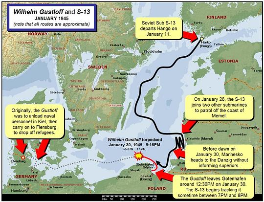 Атака века -Cхема движения С-13 и потопление Вильгельма Густлоффа, СМЕРШ, ac19411941, Одинцово